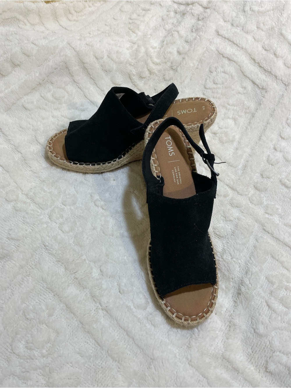 TOMS Black Suede Espadrille Wedge Sandals with Ankle Tie